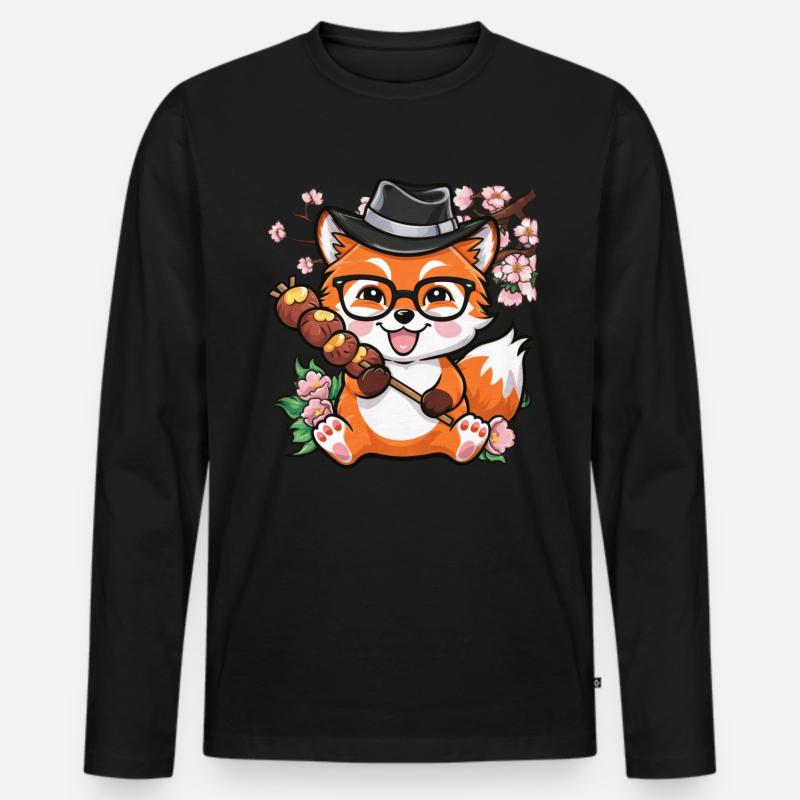 Kawaii Fuchs mit Hanami Dango - Männer Premium Bio Langarmshirt - Schwarz