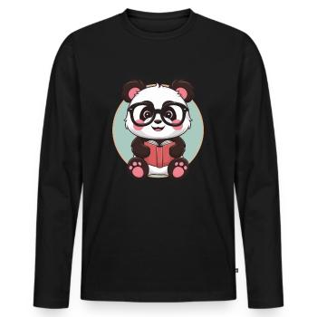 Süßer Kawaii Panda mit Brille und Buch - Männer Premium Bio Langarmshirt - Schwarz - Vorne - Nico (187cm)