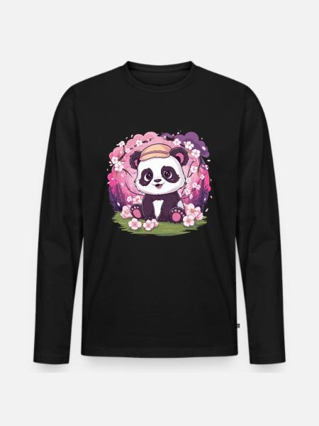 Kawaii Panda with Cherry Blossoms - Men's Premium Organic Long Sleeve Shirt - black
