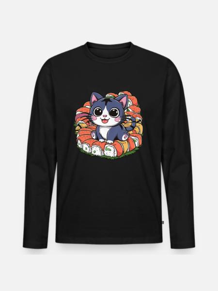 Cute kawaii cat loves sushi - Men's Premium Organic Long Sleeve Shirt - black