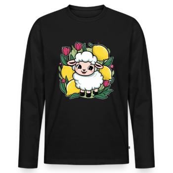 Mouton de dessin animé kawaii avec des citrons et des tulipes - T-shirt manches longues Premium bio Homme - noir - Devant - Nico (187cm)