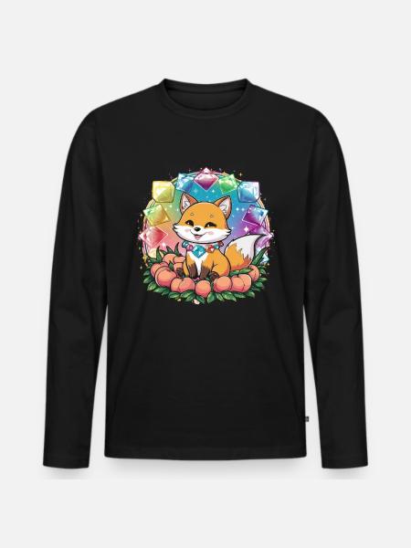 Cartoon Kawaii Fox with Peaches - Men's Premium Organic Long Sleeve Shirt - black
