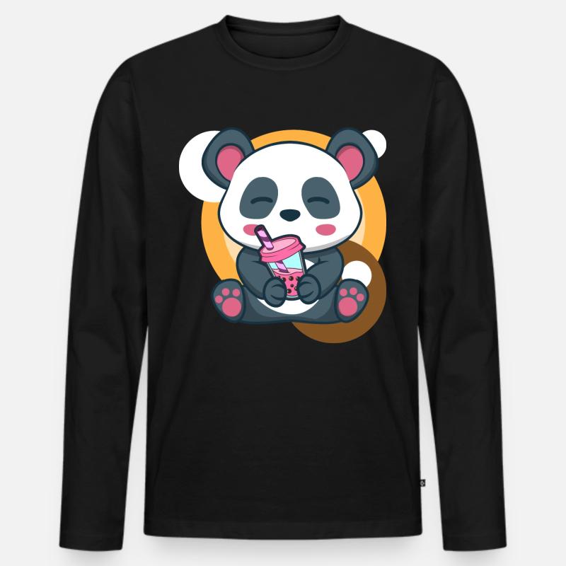 Panda und Bubble Tea - Männer Premium Bio Langarmshirt - Schwarz