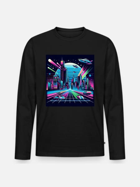 Synthwave City with UFOs - Men's Premium Organic Long Sleeve Shirt - black