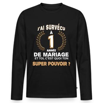 Marié depuis 1 an humour mariage - T-shirt manches longues Premium bio Homme - noir - Devant - Nico (187cm)