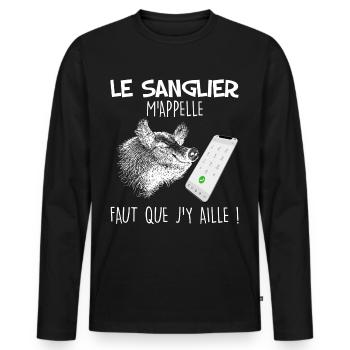 Le sanglier m'appelle cadeau pour papy chasseur - T-shirt manches longues Premium bio Homme - noir - Devant - Nico (187cm)