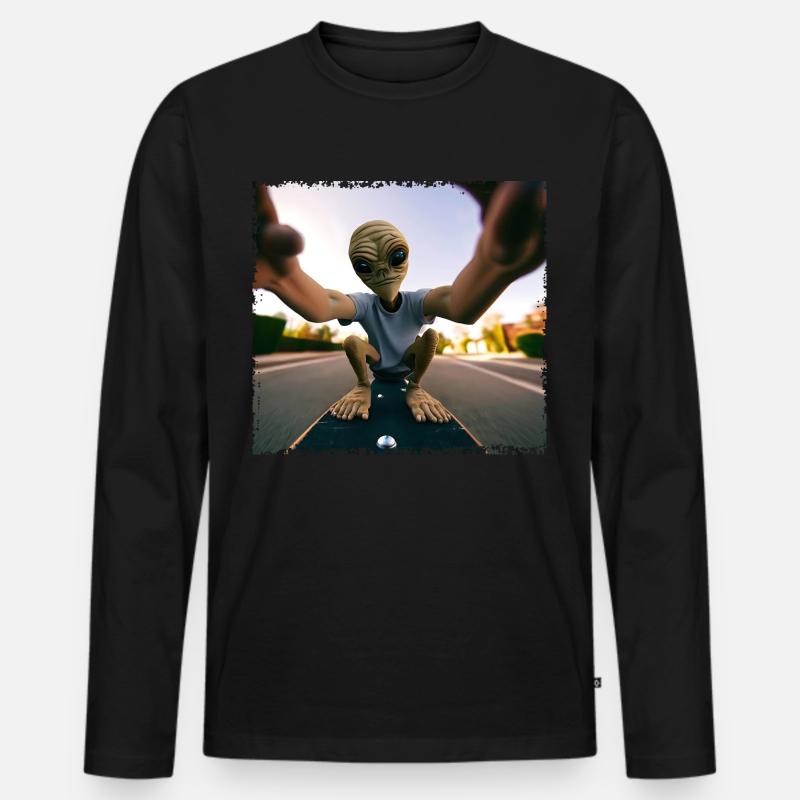 Alien Skateboard Selfie - Männer Premium Bio Langarmshirt - Schwarz