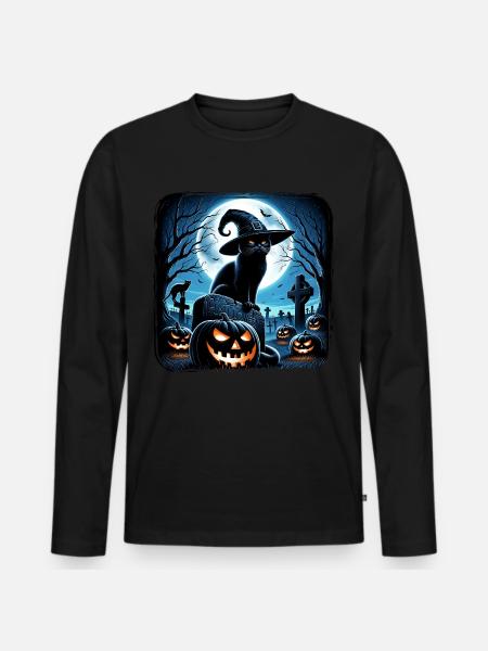 Joyeux Halloween, chat effrayé - T-shirt manches longues Premium bio Homme - noir
