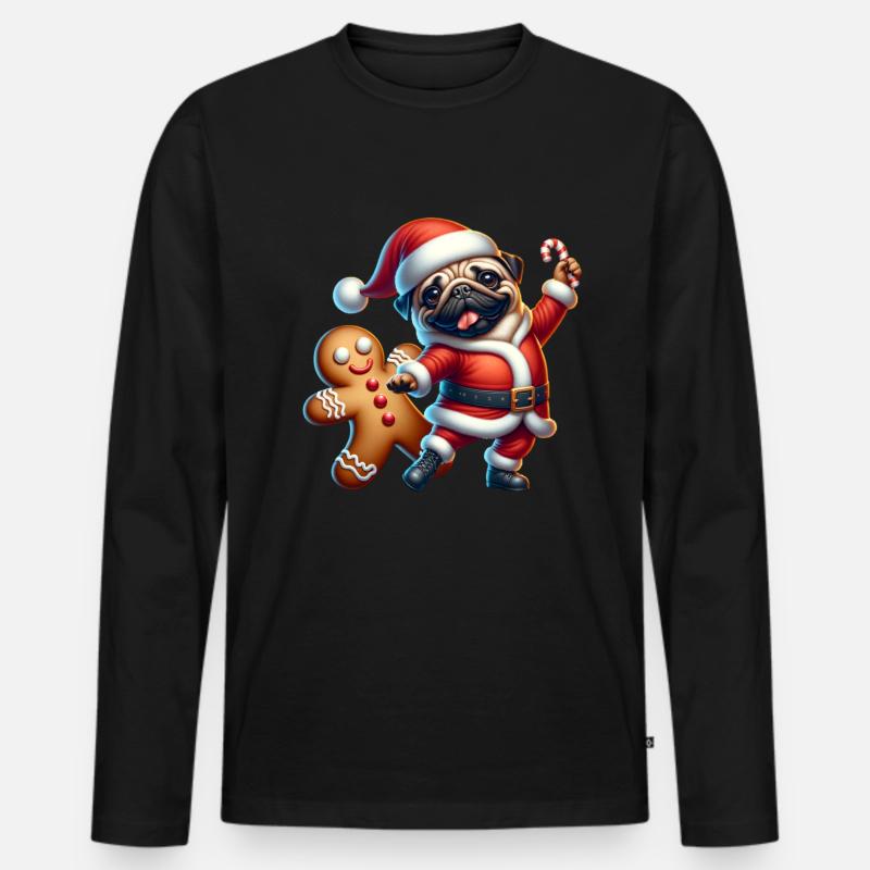 Mops Weihnachtsmann Lebkuchen - Männer Premium Bio Langarmshirt - Schwarz