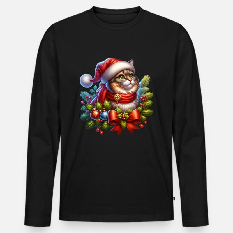 Weihnachtskranz Katze - Männer Premium Bio Langarmshirt - Schwarz