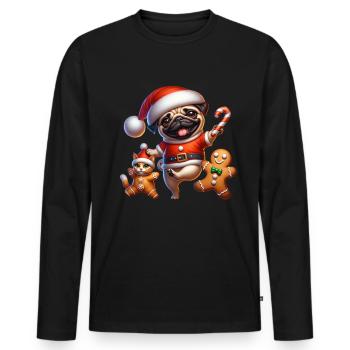 Pug dancing with gingerbread and cat Christmas - Men's Premium Organic Long Sleeve Shirt - black - Front - Nico (187cm)