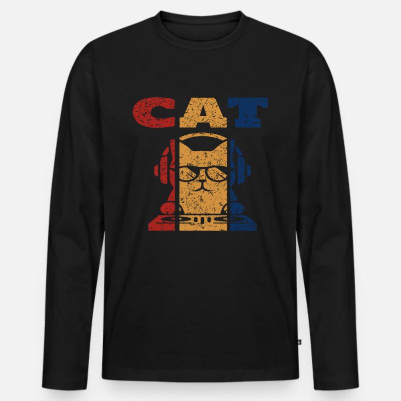 DJ Cat Retro Design - Männer Premium Bio Langarmshirt - Schwarz