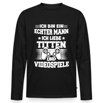 Gaming Mann Titten Gamer - Männer Premium Bio Langarmshirt - Schwarz - Vorne - Nico (187cm)
