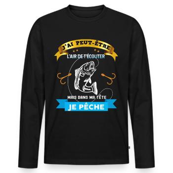 Pêcheur Passion Canne à Pêche - T-shirt manches longues Premium bio Homme - noir - Devant - Nico (187cm)