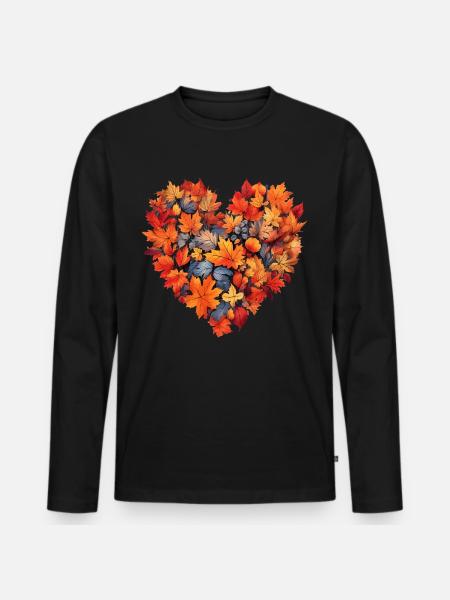 Herbst Herz Herbstlaub - Männer Premium Bio Langarmshirt - Schwarz