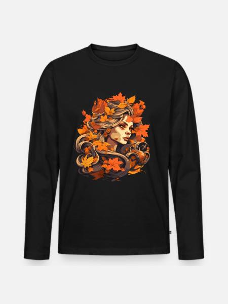 Schöne Frau mit Herbst Laub - Männer Premium Bio Langarmshirt - Schwarz