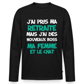 Retraite Homme Humour et femme et chat boss - T-shirt manches longues Premium bio Homme - noir - Devant - Nico (187cm)