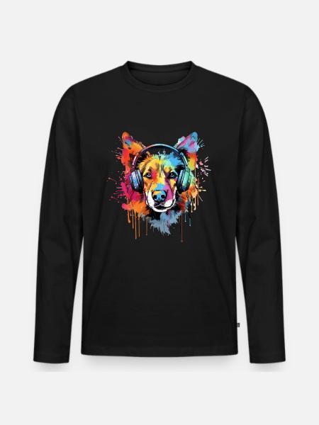 Dog with headphones music - Men's Premium Organic Long Sleeve Shirt - black