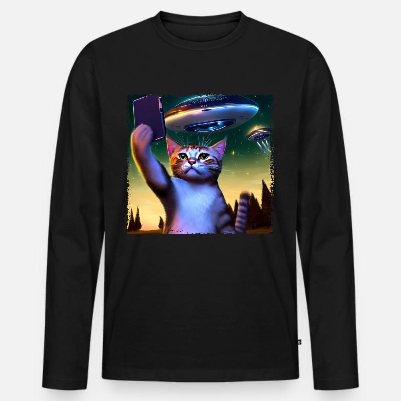Katzen-Selfie mit UFO - Männer Premium Bio Langarmshirt - Schwarz