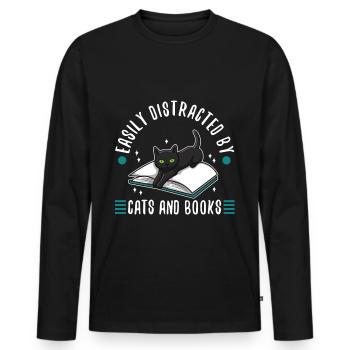 Easily distracted by cats and books - Men's Premium Organic Long Sleeve Shirt - black - Front - Nico (187cm)