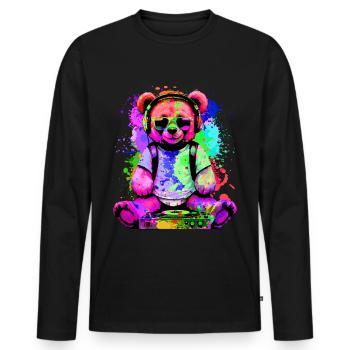 DJ ours, nounours Teddy, dessin animé, musique, concerts festivals - T-shirt manches longues Premium bio Homme - noir - Devant - Nico (187cm)