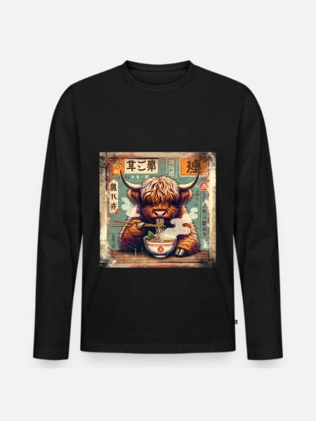 Ramen Highland Cow Grunge Poster Style - Männer Premium Bio Langarmshirt - Schwarz