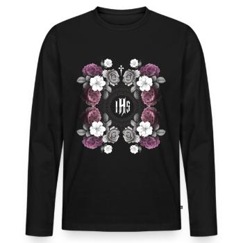 Jesus-Motiv, Jesus Christus IHS mit Vintage-Rosen - Männer Premium Bio Langarmshirt - Schwarz - Vorne - Nico (187cm)