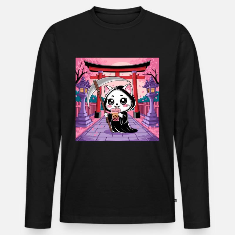 Sensenmann Anime Katze Kirschblüte - Männer Premium Bio Langarmshirt - Schwarz