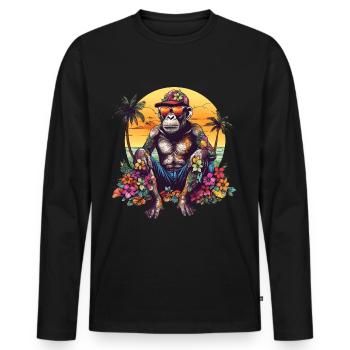 Schimpanse mit Sonnenbrille am Strand mit Palmen - Männer Premium Bio Langarmshirt - Schwarz - Vorne - Nico (187cm)