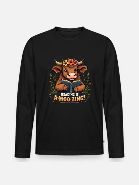 Funny cow reading a book - Men's Premium Organic Long Sleeve Shirt - black