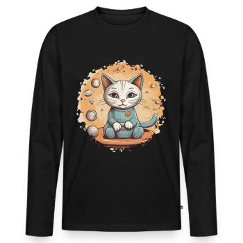 Cat in Space - Cute kitten surrounded by stars - Men's Premium Organic Long Sleeve Shirt - black - Front - Nico (187cm)