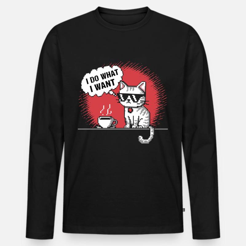 Pixel-Katze mit Kaffeetasse T-Shirt - Männer Premium Bio Langarmshirt - Schwarz