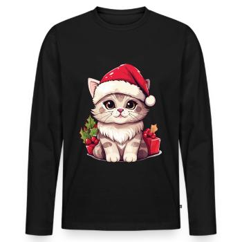 Chat Noël Noël Chat Mignon Dessin Animé - T-shirt manches longues Premium bio Homme - noir - Devant - Nico (187cm)