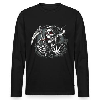 Schwarzer Humor rauchender Sensenmann zu Halloween - Männer Premium Bio Langarmshirt - Schwarz - Vorne - Nico (187cm)