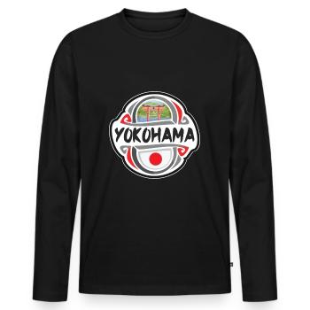 Yokohama Japan Flag Badge Travel Souvenir Stamp - Men's Premium Organic Long Sleeve Shirt - black - Front - Nico (187cm)