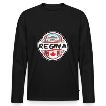 Regina Canada Flag Badge Travel Souvenir Stamp - Men's Premium Organic Long Sleeve Shirt - black - Front - Nico (187cm)