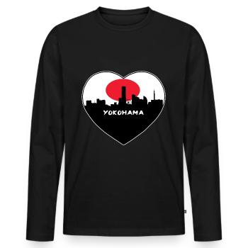 Yokohama Japan Flag Skyline Travel Souvenir - Men's Premium Organic Long Sleeve Shirt - black - Front - Nico (187cm)
