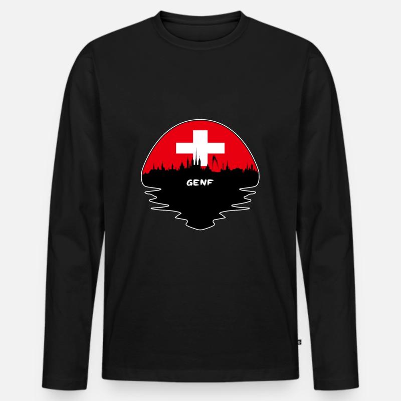 Genf-Schweiz-Flaggen-Skyline-Schattenbild-Reise - Männer Premium Bio Langarmshirt - Schwarz