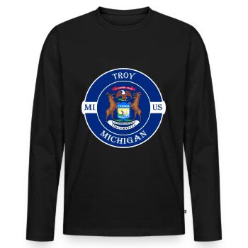 Troy Michigan Flag USA Travel Souvenir Badge - Men's Premium Organic Long Sleeve Shirt - black - Front - Nico (187cm)