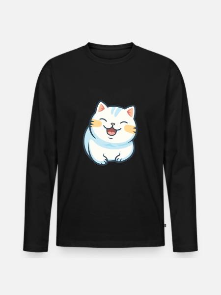 Korean bobtail kissa sarjakuva akvarelli kuva - Premium luomulaatuinen miesten pitkähihainen paita - musta