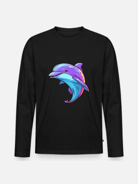 Dolfijn Kleurrijke Aquarel Cartoon Kawaii Dier - Mannen Premium Bio shirt met lange mouwen - zwart