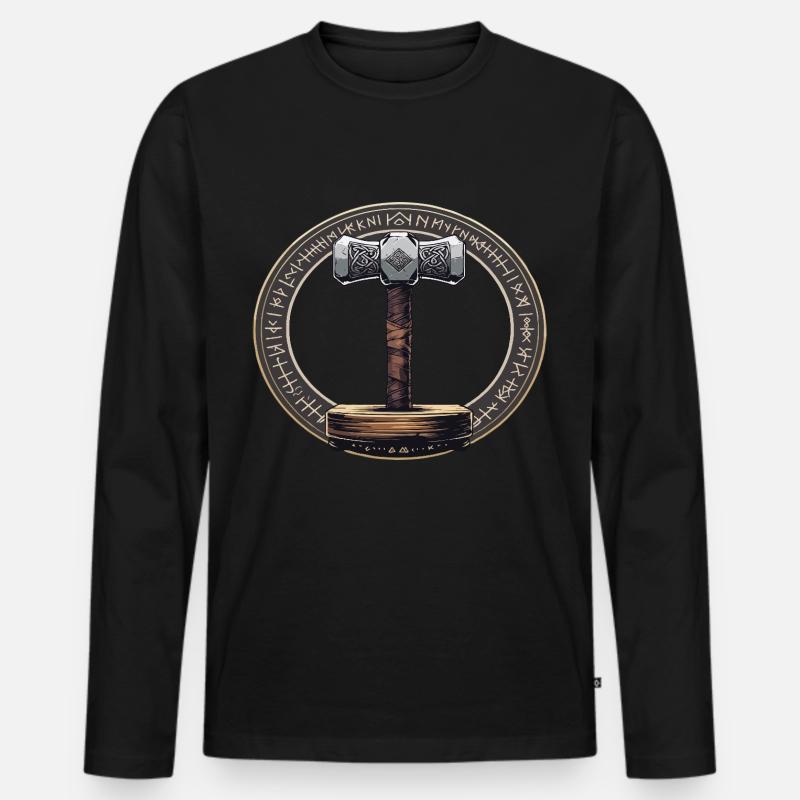 Guerriero Martello Vichingo Valhalla Cerchio Runico Thor - Maglia a manica lunga ecologica premium da uomo - nero