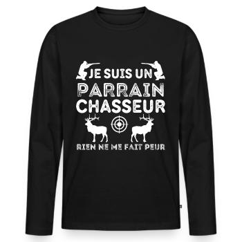 Parrain chasseur humour chasse cadeau - T-shirt manches longues Premium bio Homme - noir - Devant - Nico (187cm)