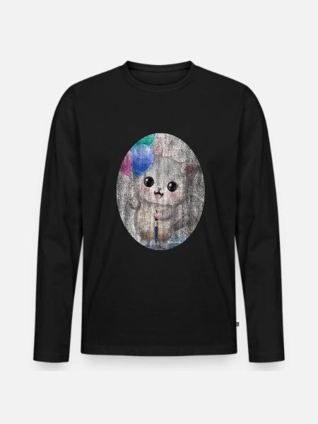 Kätzchen Katze mit Luftballon Gemälde - Männer Premium Bio Langarmshirt - Schwarz
