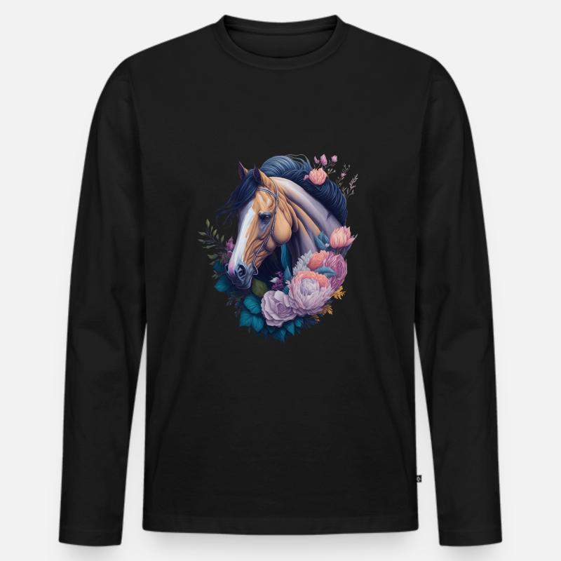 Pferd Blumen - Männer Premium Bio Langarmshirt - Schwarz