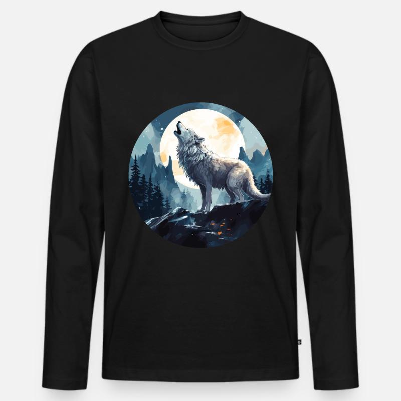 Ein Wolf, der unter dem Vollmond heult - Männer Premium Bio Langarmshirt - Schwarz