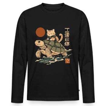 Cat Riding Turtle Japan Style - Men's Premium Organic Long Sleeve Shirt - black - Front - Nico (187cm)