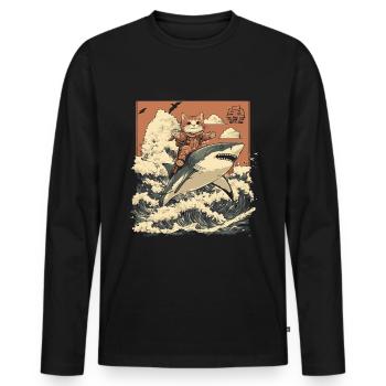 Chat chevauchant le requin au Japon style artistique de dessin animé - T-shirt manches longues Premium bio Homme - noir - Devant - Nico (187cm)