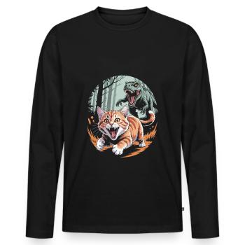 Cat runs away from dinosaur - Men's Premium Organic Long Sleeve Shirt - black - Front - Nico (187cm)