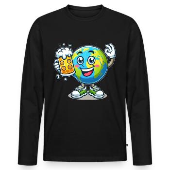 Globe with beer comic style funny motif - Men's Premium Organic Long Sleeve Shirt - black - Front - Nico (187cm)